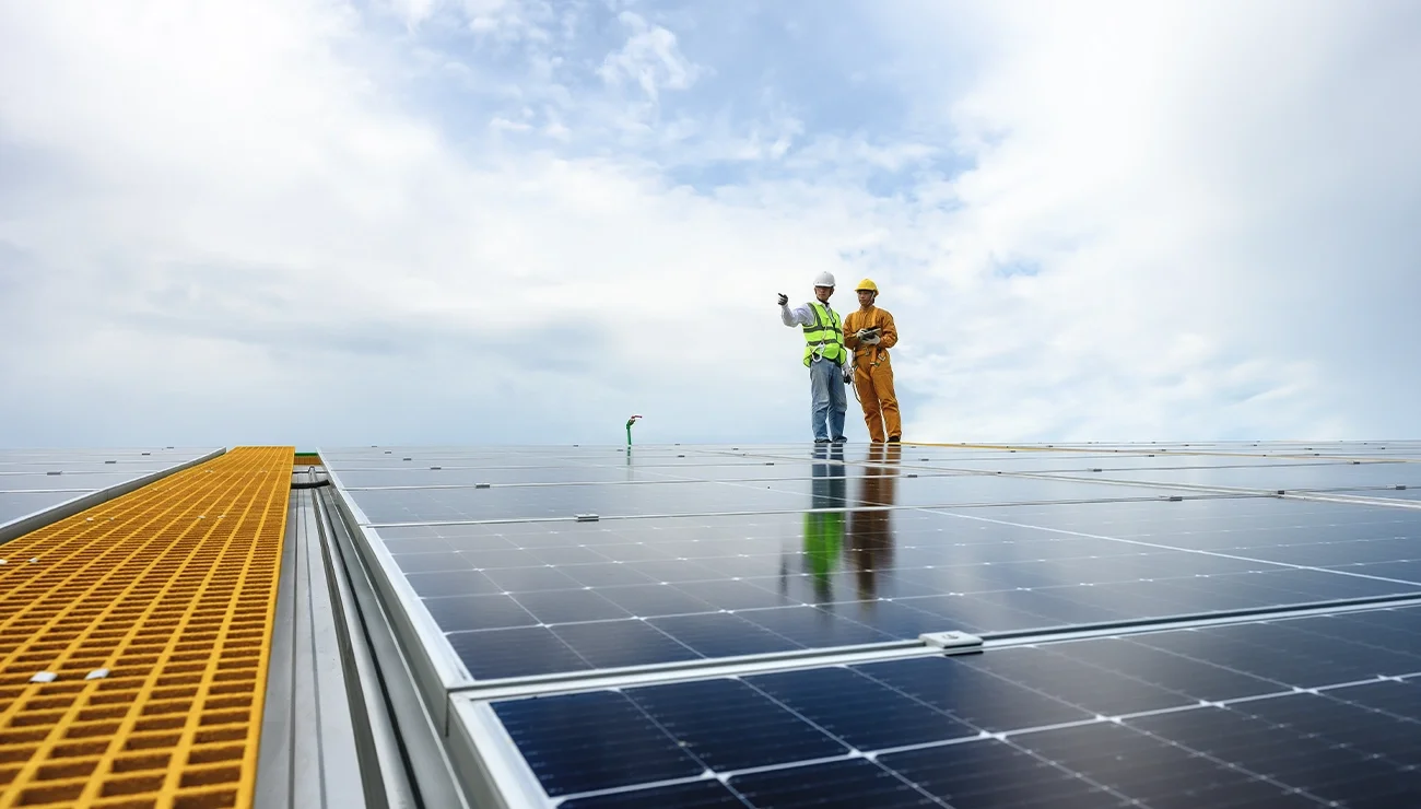 Twee werknemers met helmen en reflecterende hesjes staan op een groot veld met zonnepanelen. Eén wijst in de verte, terwijl de ander een tablet vasthoudt. Een gele looprooster leidt naar hun positie. De lucht is deels bewolkt.