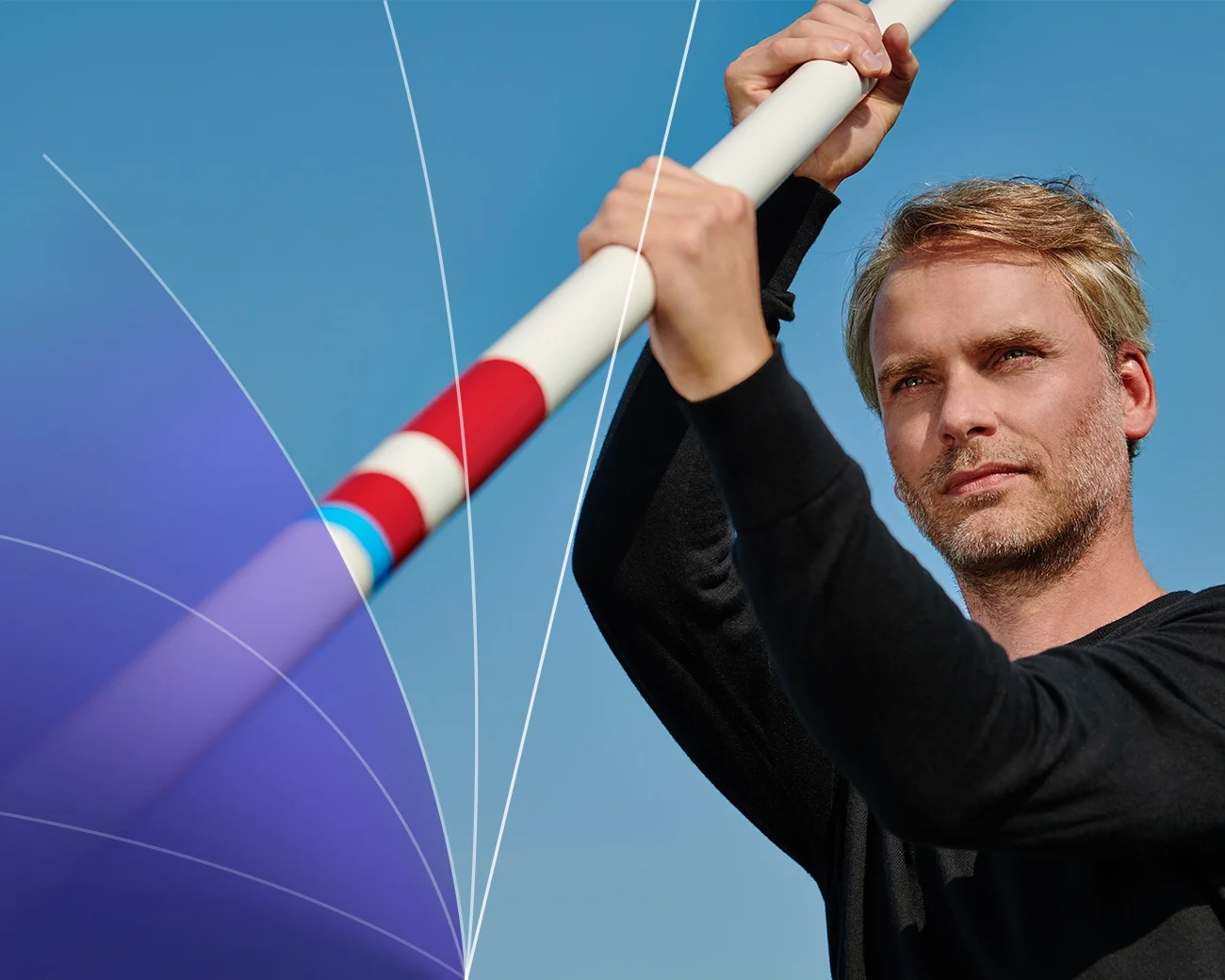 Zakenman met polsstok en ambitielijnen