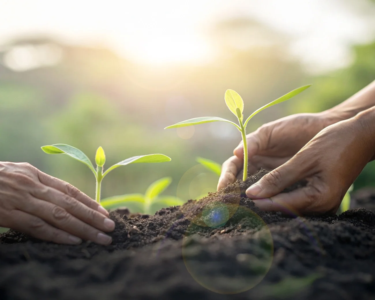Hand stopt plantje in de aarde
