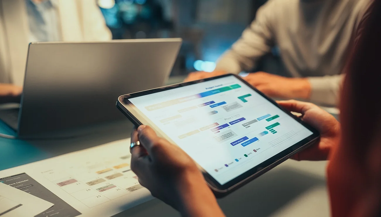 Medewerker houdt tablet vast tijdens teamvergadering