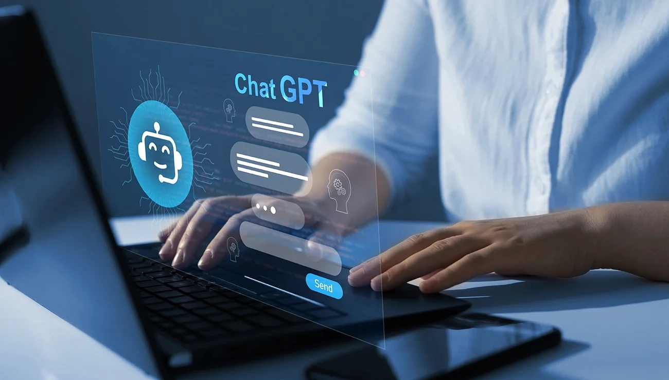 Zakelijke gebruiker op een laptop in gesprek met ChatGPT