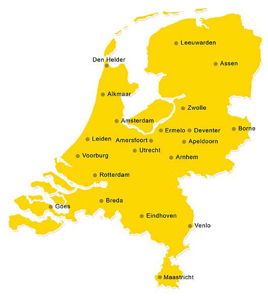 Kaart van Nederland met de plaatsen waar een NIBE-SVV-examen afgelegd kan worden