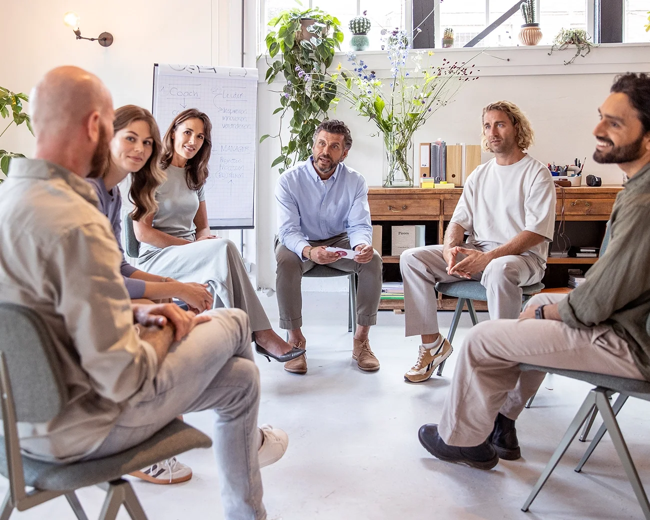 Groep mensen in een kring met flipover op de achtergrond