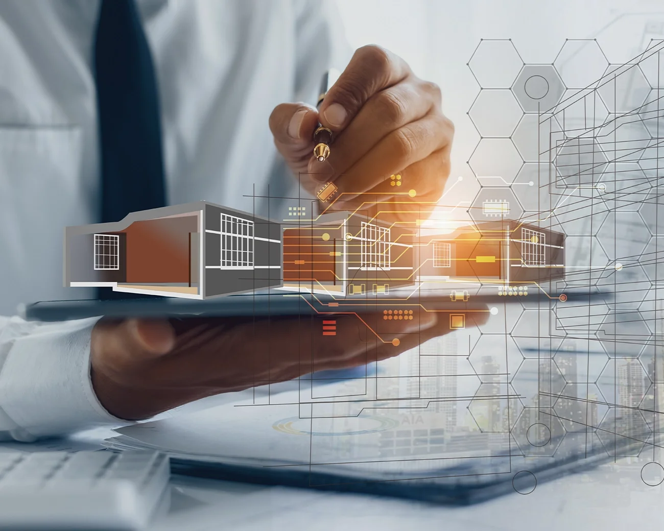 Engineer met digitale constructie van een huis