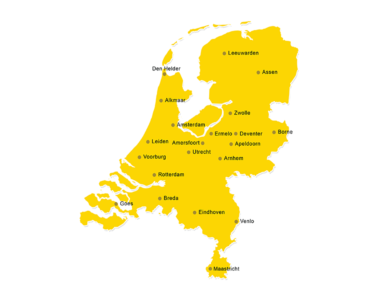 Kaart van Nederland met opleidingslocaties NIBE-SVV