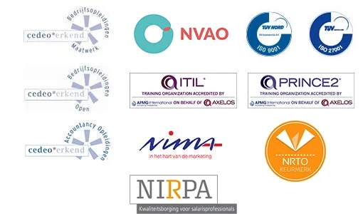De logo's van CEDEO, NVAO, ISO 9001 en 27001, ITIL, PRINCE2, NIMA, NIRPA en NRTO