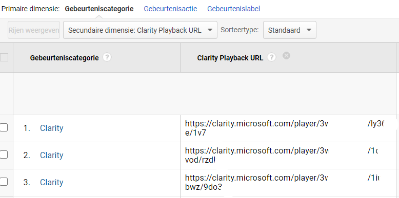 Voorbeeld van de Clarity URL recordings