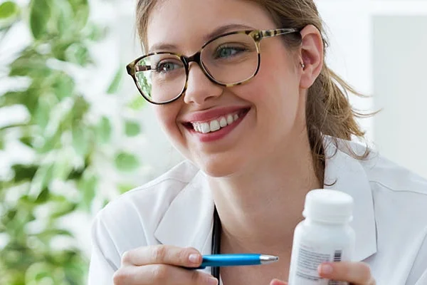 Zorgprofessional in witte blouse zit tegenover cliënt en lacht