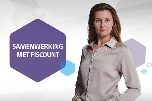 Tekst in paarse hexagon "Samenwerking met Fiscount" en rechts foto van vrouw met bruin haar en beige blouse