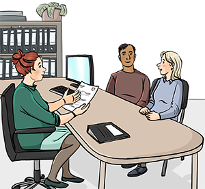 Eine Fach·person von der Finanziellen Sozialhilfe hilft einem Ehepaar.