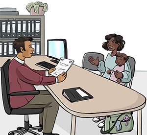 Eine Fach·person von der Sozialpädagogischen Grund·betreuung hilft einer Frau mit Kleinkind.