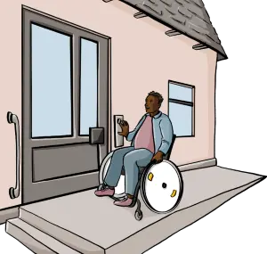 Un uomo in sedia a rotelle sale su una rampa verso la porta di casa. Un uomo in sedia a rotelle sale su una rampa verso la porta di casa.