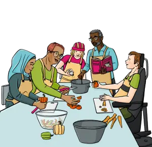 Persone che cucinano in una cooperativa. Persone che cucinano in una cooperativa.