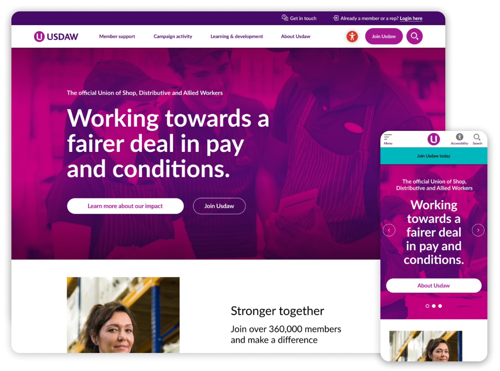 A desktop and mobile image of the homepage of the usdaw website