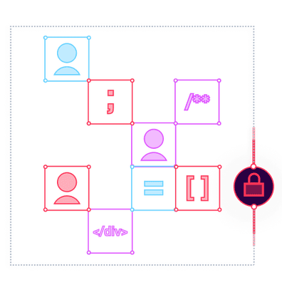 Image is representing developers and their code in a secure environment free of potential code vulnerabilities.
