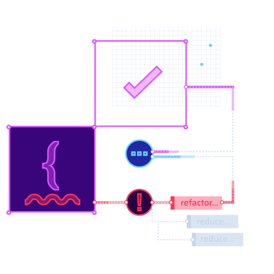 refactoring bits of code and quality checks are shown as an abstract of a developers environment.