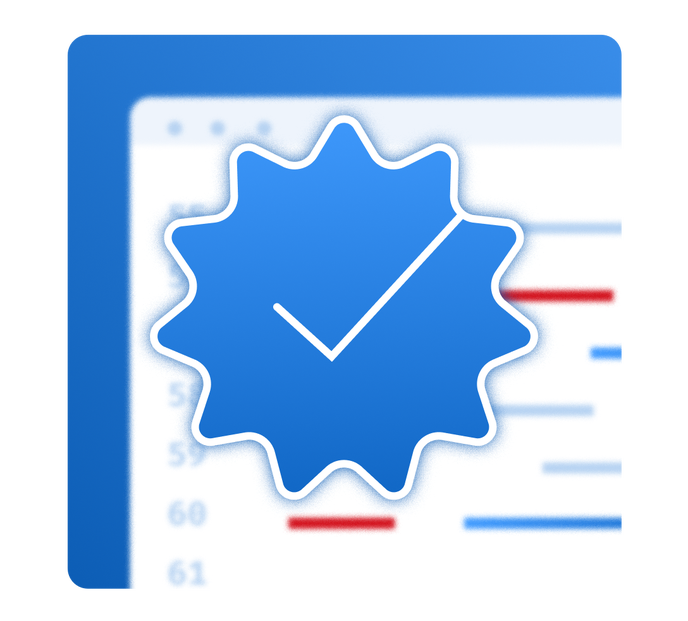 Code verification badge with checkmark icon over a code review and static analysis editor showing verified and flagged code lines