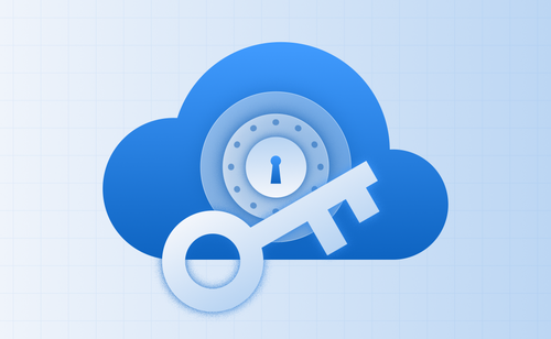 Blue illustration of Bring Your Own Key (BYOK) for enterprise cloud security, showing a large encryption key in front of a secure cloud icon with a lock to represent customer-managed keys, data protection, and compliance control in the cloud