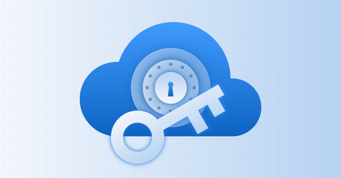 Blue illustration of Bring Your Own Key (BYOK) for enterprise cloud security, showing a large encryption key in front of a secure cloud icon with a lock to represent customer-managed keys, data protection, and compliance control in the cloud