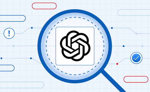 OpenAI logo under a magnifying glass, symbolizing an evaluation of the OpenAI LLM security model on a technical grid.