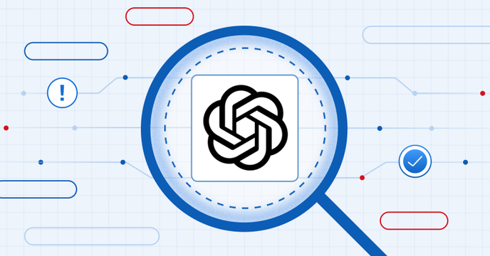 OpenAI logo under a magnifying glass, symbolizing an evaluation of the OpenAI LLM security model on a technical grid.