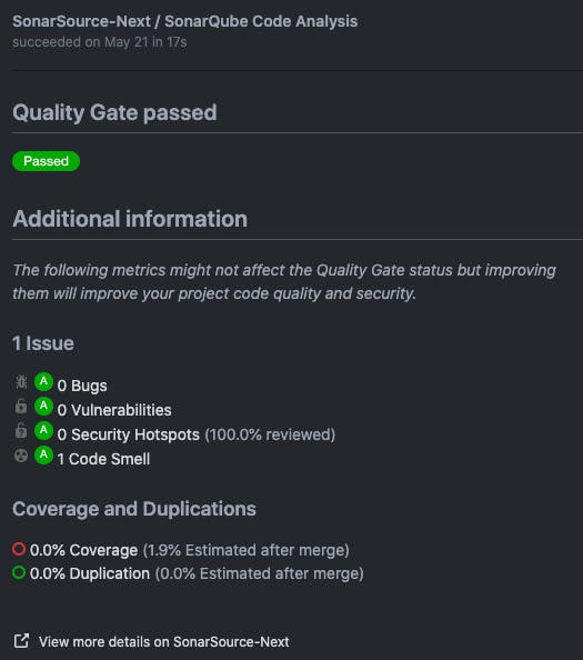 A nicely green Quality Gate decoration on a GitHub Pull Request