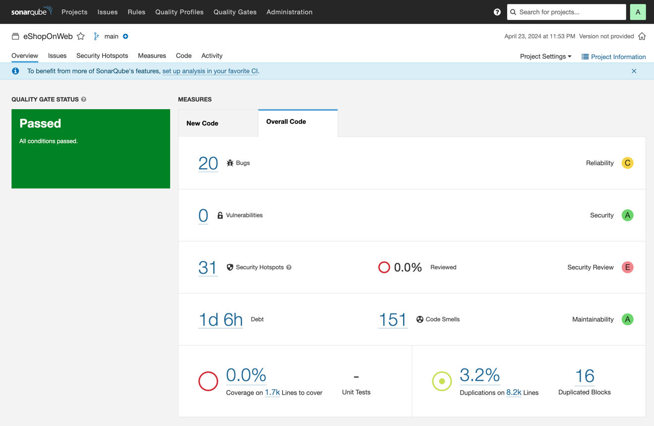 A passed project with SonarQube's static code analysis tool.