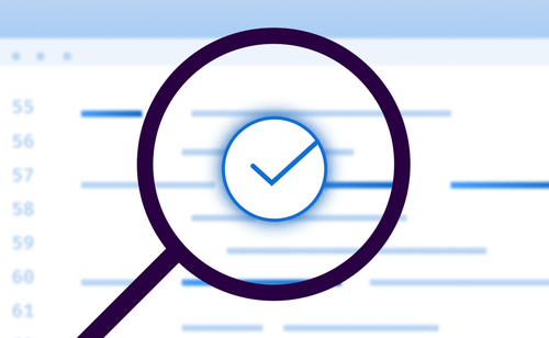 A magnifying glass with a checkmark icon overlaid on a code editor, representing automated code review and quality analysis
