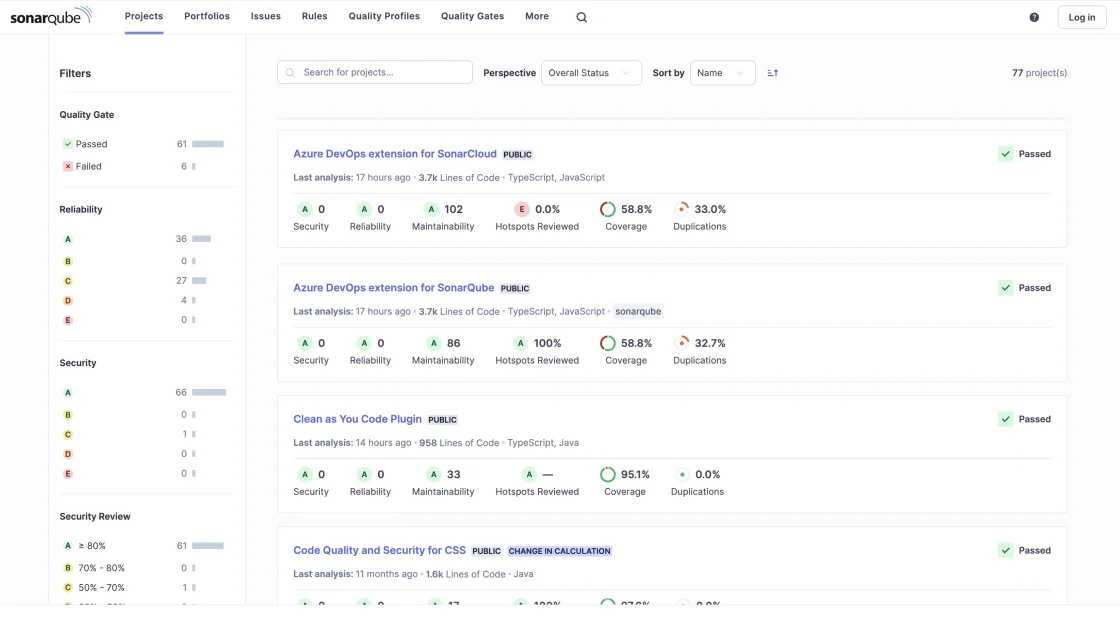 SonarQube project health screen
