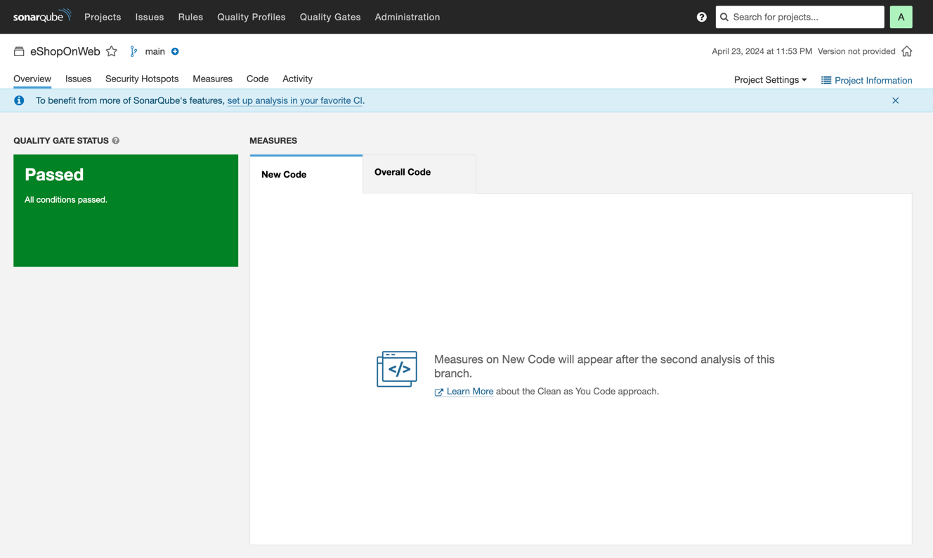An image of an initial passed static analysis scan from SonarQube.