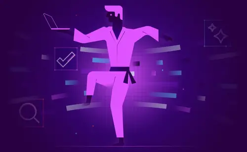 Daniel-San balances a laptop in one hand while performing his patented crane kick. Mr. Miyagi is proud.