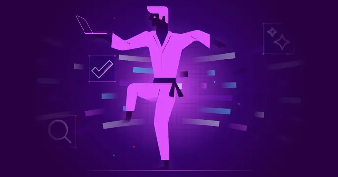 Daniel-San balances a laptop in one hand while performing his patented crane kick. Mr. Miyagi is proud.