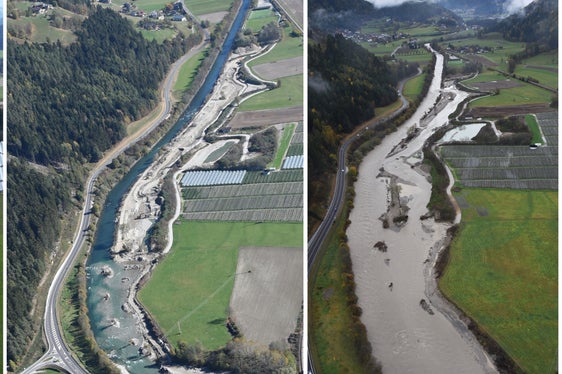 Rienza a Ilsterner Au: da sinistra verso destra si osserva la riqualificazione della Rienza e la risposta dell'area riqualificata a seguito di un evento di piena.
