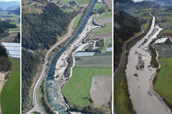 Rienza a Ilsterner Au: da sinistra verso destra si osserva la riqualificazione della Rienza e la risposta dell'area riqualificata a seguito di un evento di piena.