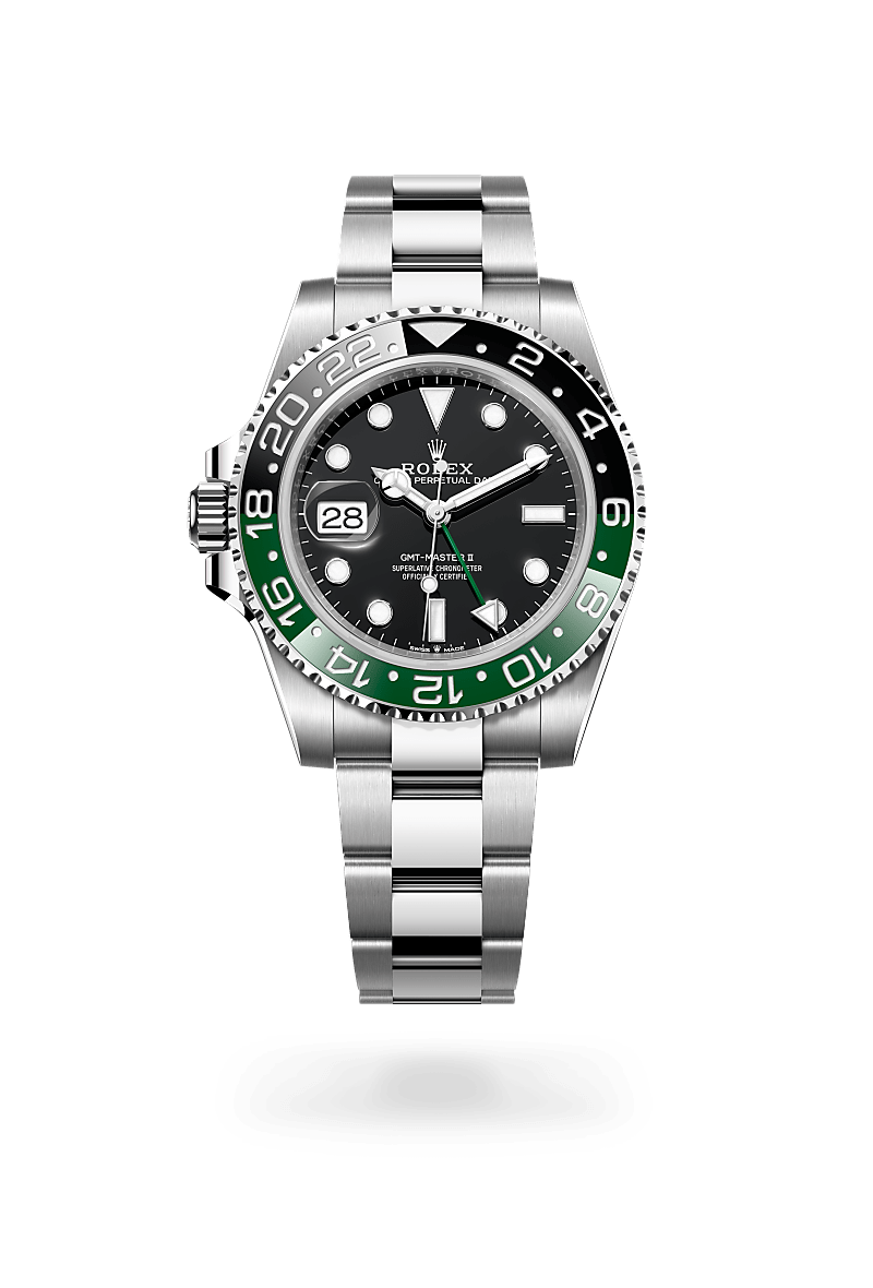 Rolex GMT-Master II in Oyster, 40 mm, Oystersteel with a Black dial, Bidirectional rotatable 24-hour graduated bezel. Two-colour green and black Cerachrom insert in ceramic, moulded numerals and graduations bezel, and Oyster, three-piece solid links bracelet
