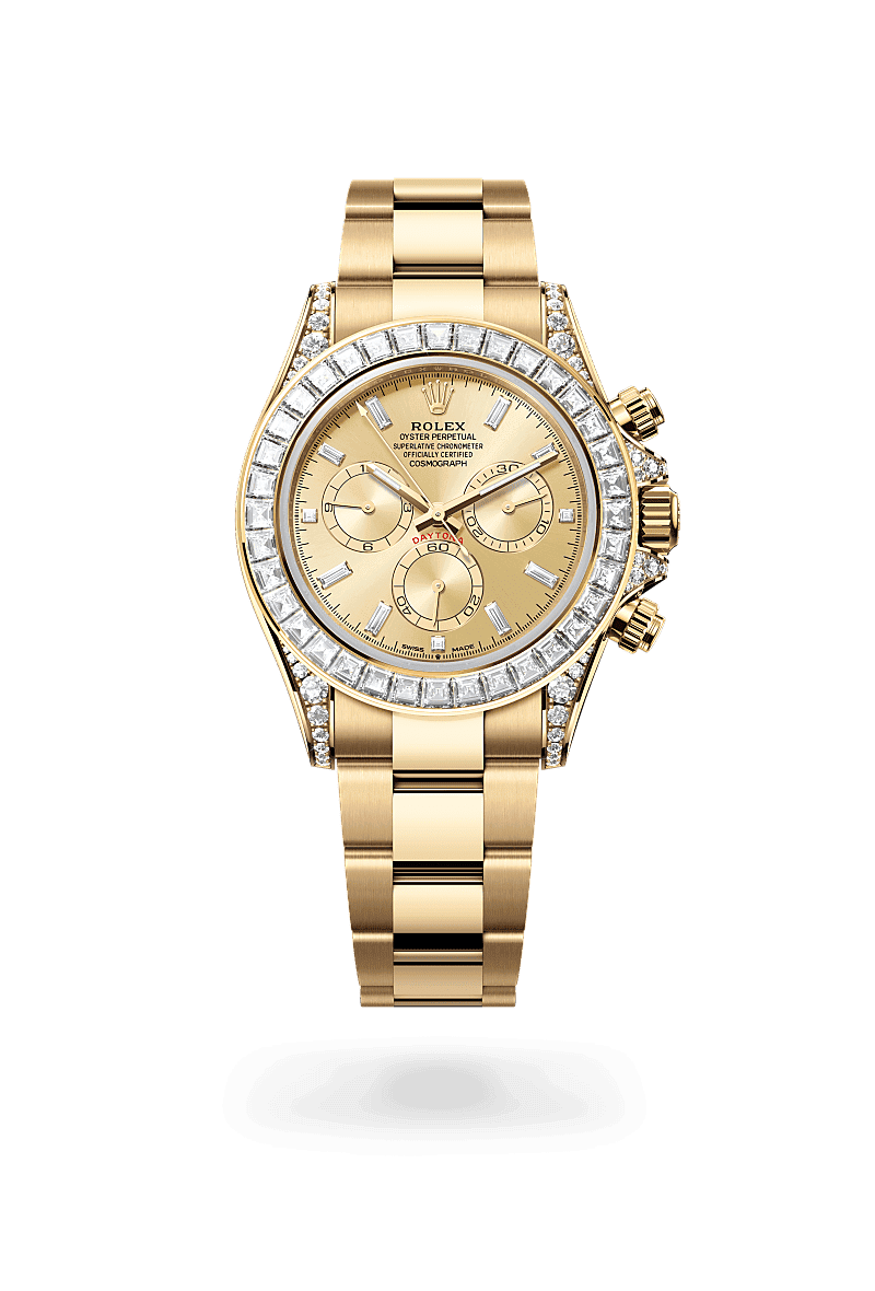 Rolex Cosmograph Daytona in Oyster, 40 mm, yellow gold and diamonds with a Golden set with diamonds dial, Set with diamonds bezel, and Oyster, three-piece solid links bracelet