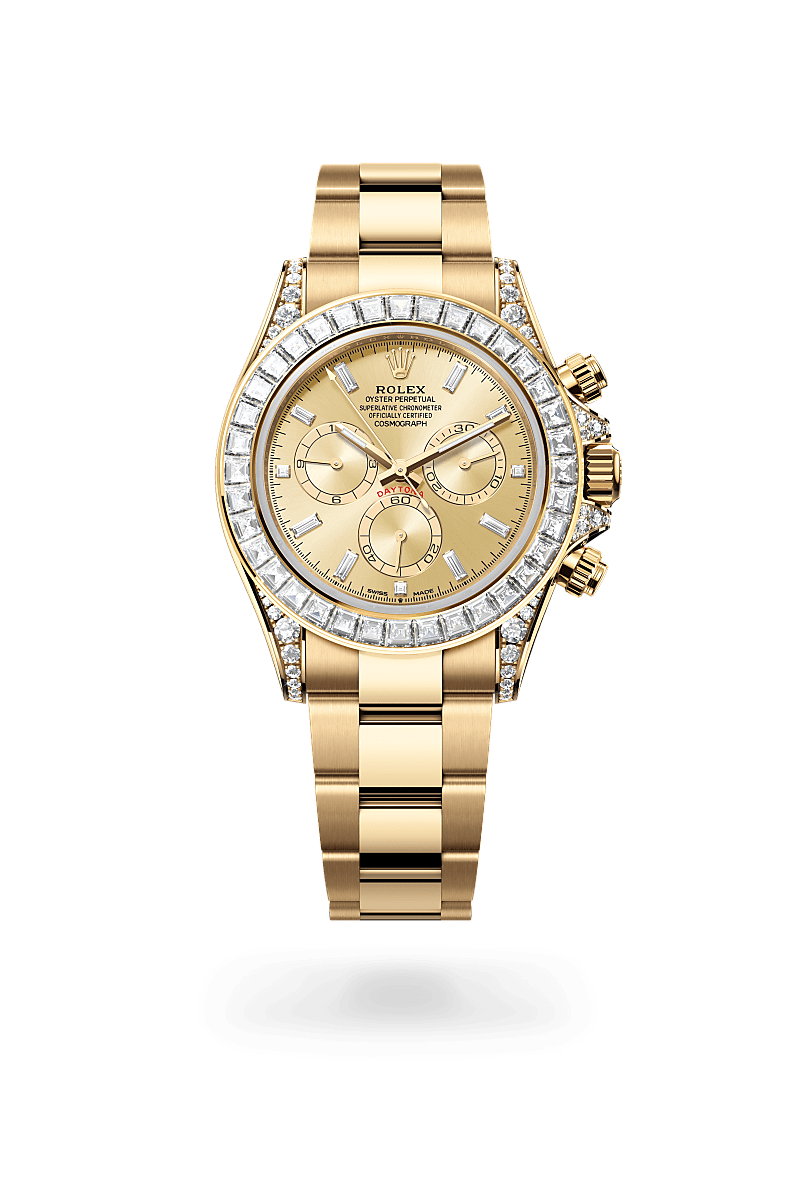 Rolex Cosmograph Daytona in Oyster, 40 mm, yellow gold and diamonds with a Golden set with diamonds dial, Set with diamonds bezel, and Oyster, three-piece solid links bracelet
