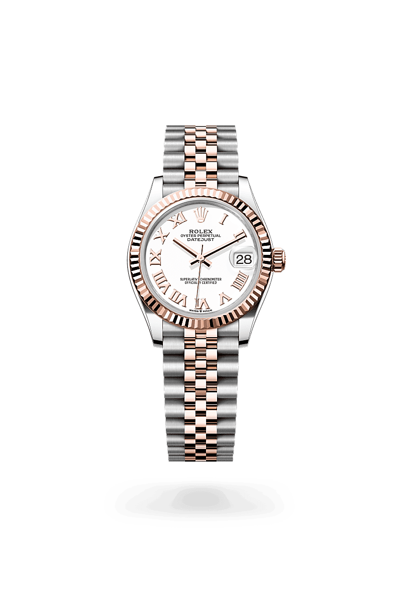 Rolex Datejust 31 in Oyster, 31 mm, Oystersteel and Everose gold with a White dial, Fluted bezel, and Jubilee, five-piece links bracelet