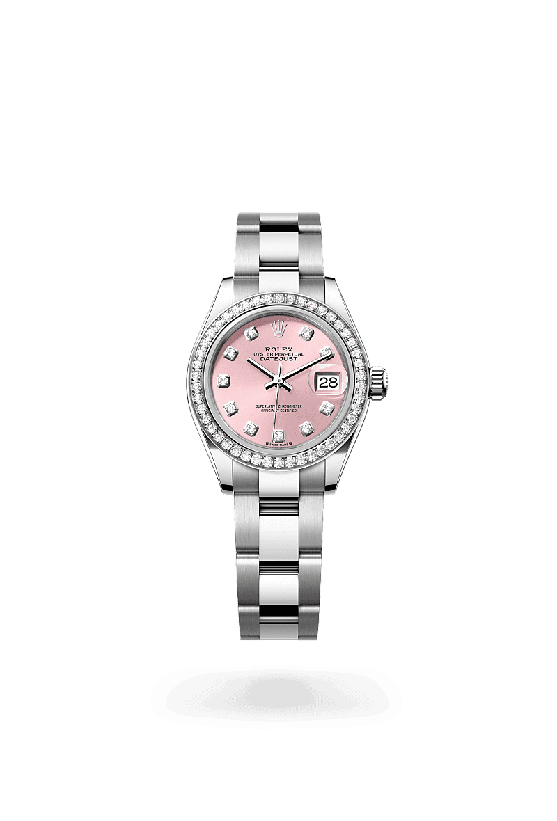 Rolex Lady-Datejust in Oyster, 28 mm, Oystersteel, witgoud en diamanten with a Roze bezet met diamanten dial, Bezet met diamanten bezel, and Oyster, massieve driedelige schakels bracelet