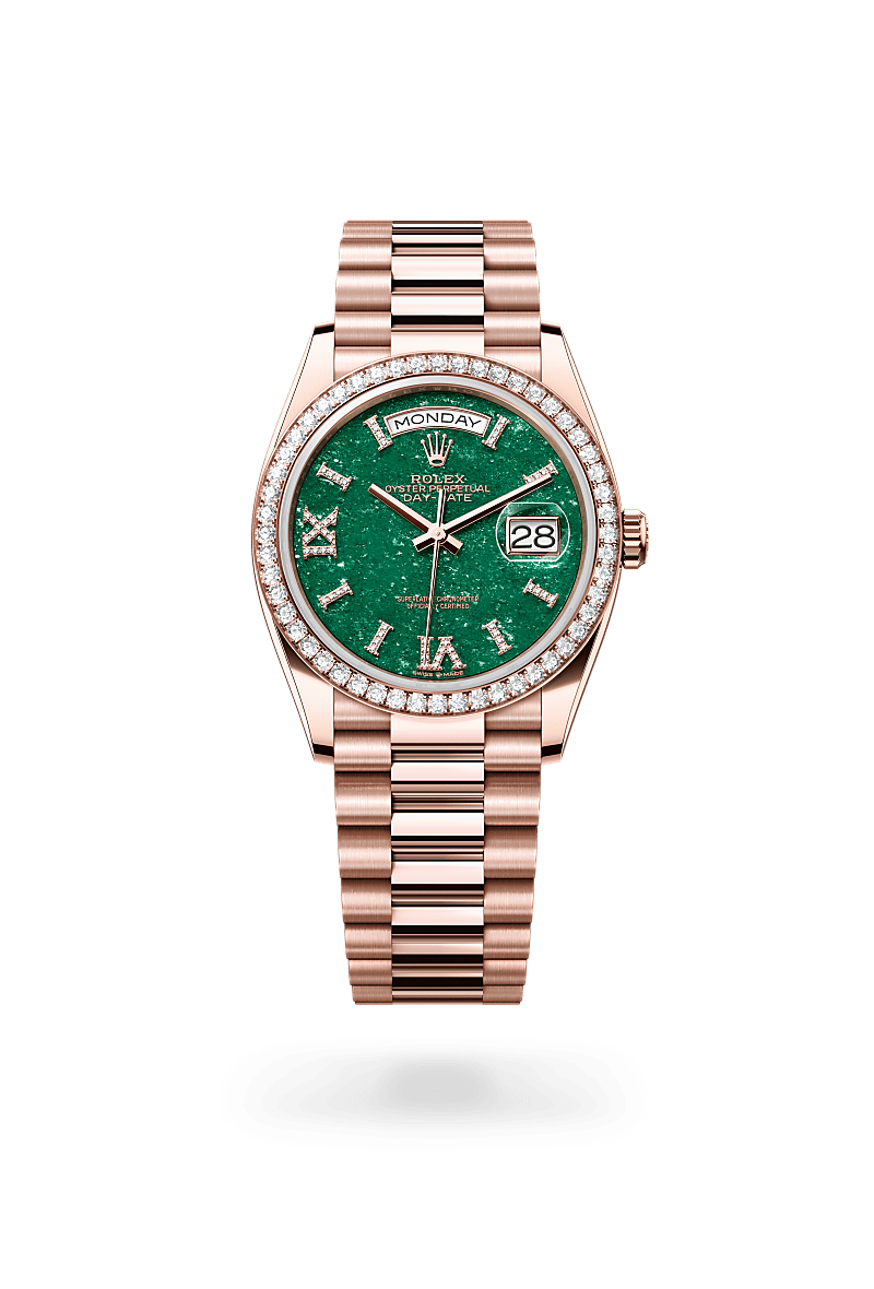 Rolex Day-Date 36 in Oyster, 36 mm, Everose-goud en diamanten with a Groene aventurijn bezet met diamanten dial, Bezet met diamanten bezel, and President, halfronde driedelige schakels bracelet