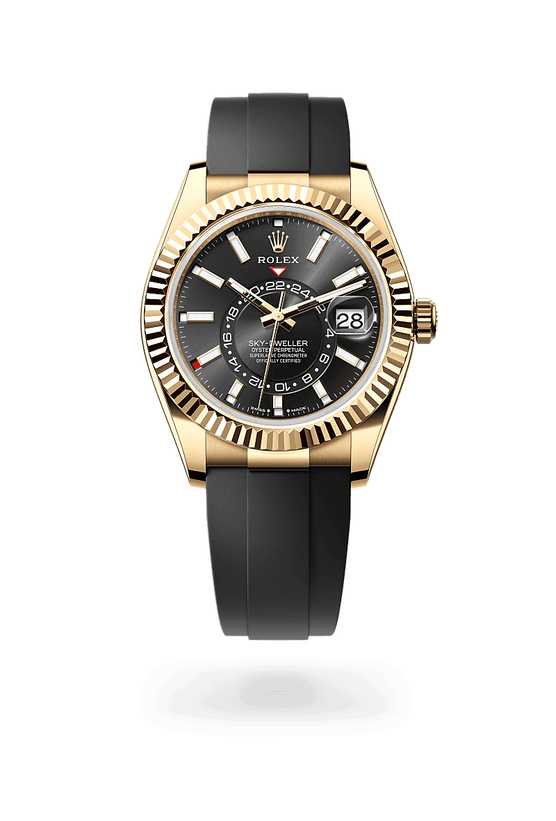 Rolex Sky-Dweller in Oyster, 42 mm, yellow gold with a Bright black dial, Fluted, bidirectional rotatable Rolex Ring Command bezel, and Oysterflex bracelet