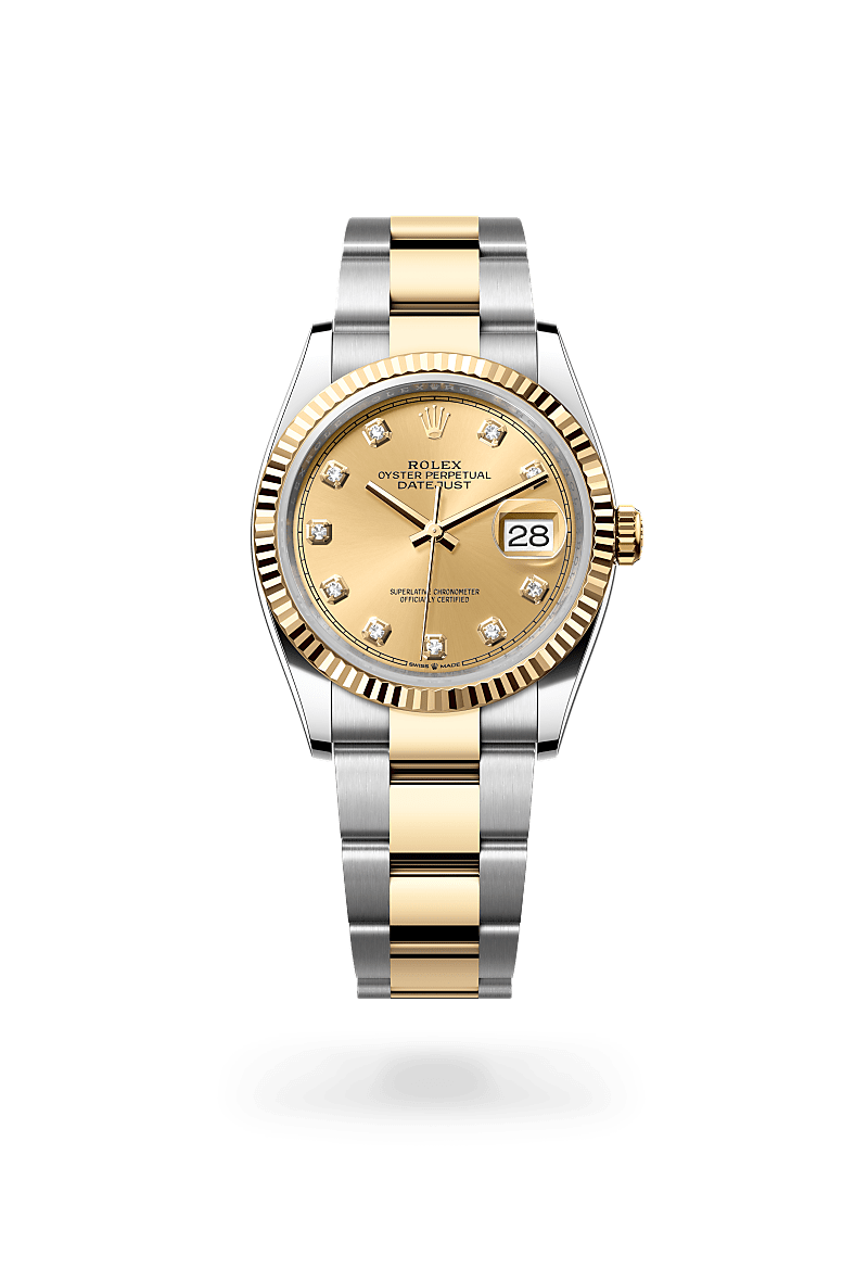 Rolex Datejust 36 in Oyster, 36 mm, Oystersteel en geelgoud with a Champagnekleurig, bezet met diamanten dial, Gekarteld bezel, and Oyster, massieve driedelige schakels bracelet