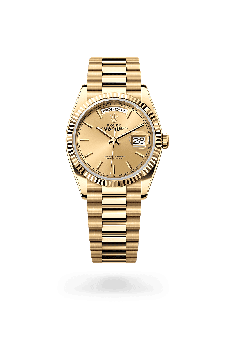 Rolex Day-Date 36 in Oyster, 36 mm, yellow gold with a Champagne-colour dial, Fluted bezel, and President, semi-circular three-piece links bracelet