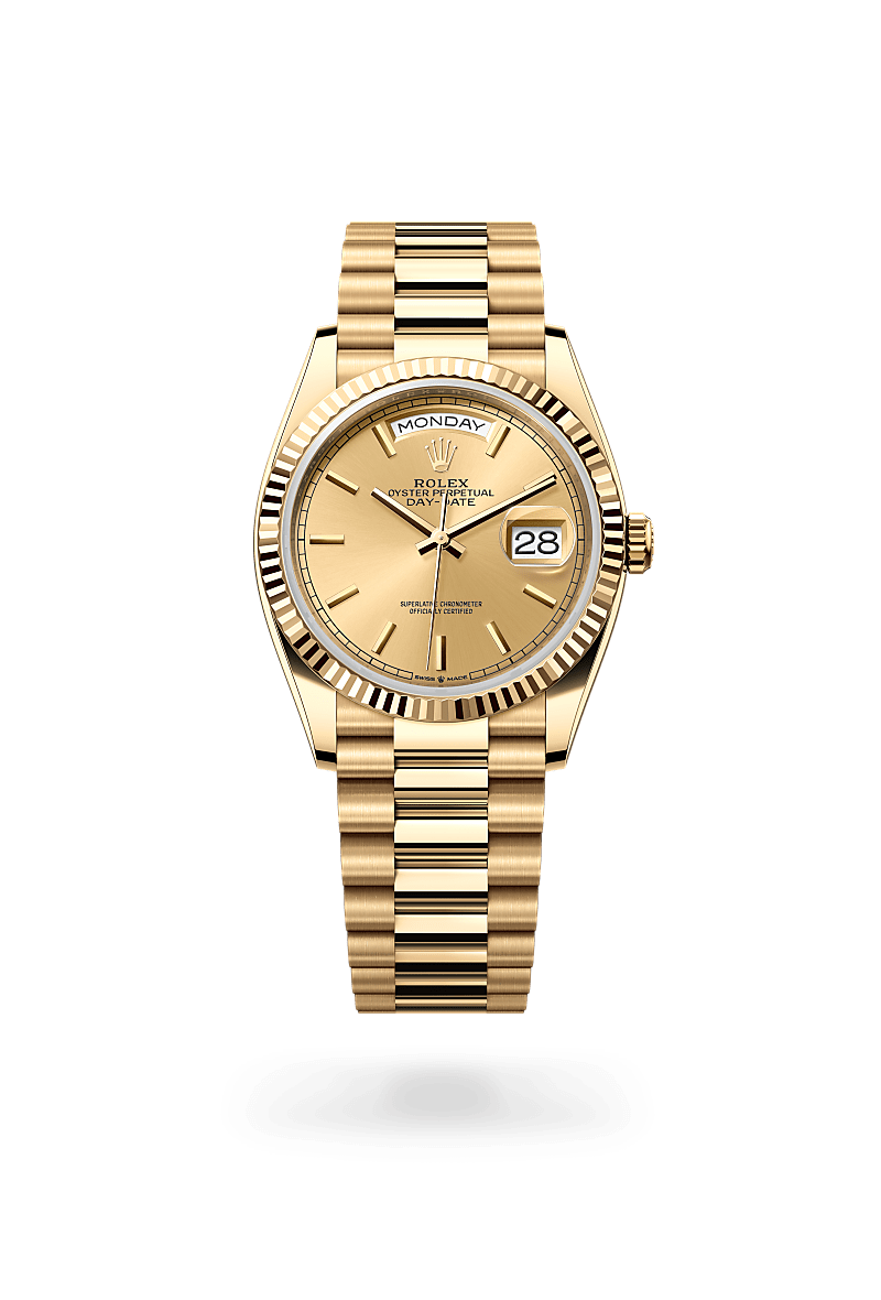 Rolex Day-Date 36 in Oyster, 36 mm, yellow gold with a Champagne-colour dial, Fluted bezel, and President, semi-circular three-piece links bracelet