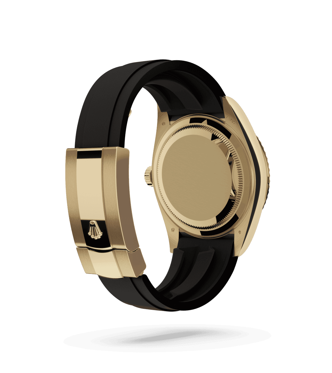 Rolex Sky-Dweller in Oyster, 42 mm, yellow gold with a Bright black dial, Fluted, bidirectional rotatable Rolex Ring Command bezel, and Oysterflex bracelet