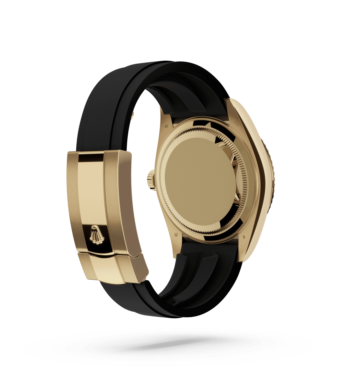 Rolex Sky-Dweller in Oyster, 42 mm, geelgoud with a Helderzwart dial, Gekartelde, bidirectioneel draaibare ‘Rolex Ring Command’ bezel, and Oysterflex-band bracelet