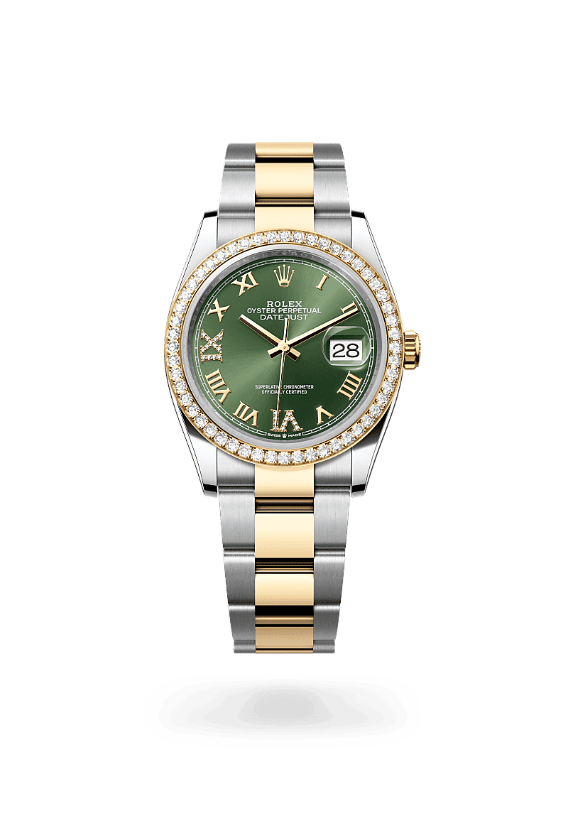 Rolex Datejust 36 in Oyster, 36 mm, Oystersteel, yellow gold and diamonds with a Olive green set with diamonds dial, Set with diamonds bezel, and Oyster, three-piece solid links bracelet