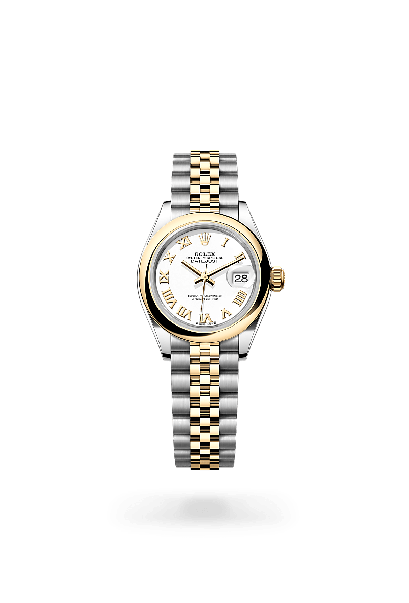 Rolex Lady-Datejust in Oyster, 28 mm, Oystersteel and yellow gold with a White dial, Domed bezel, and Jubilee, five-piece links bracelet