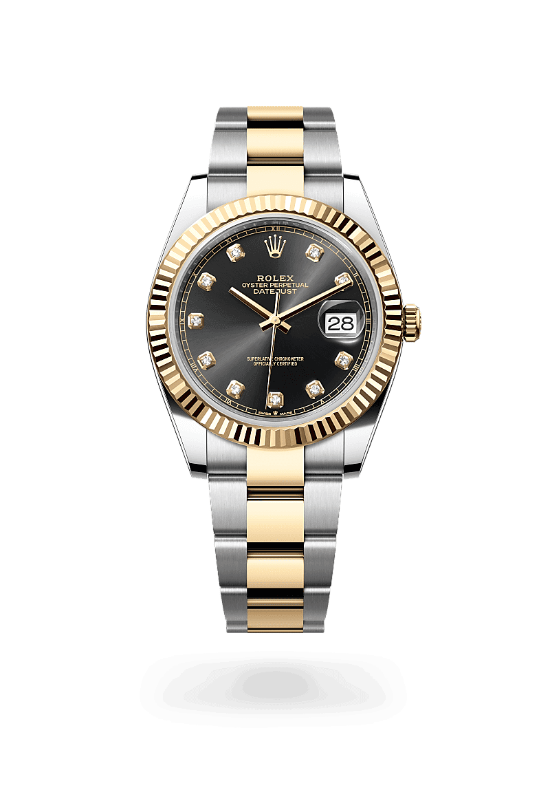 Rolex Datejust 41 in Oyster, 41 mm, Oystersteel en geelgoud with a Helderzwart, bezet met diamanten dial, Gekarteld bezel, and Oyster, massieve driedelige schakels bracelet