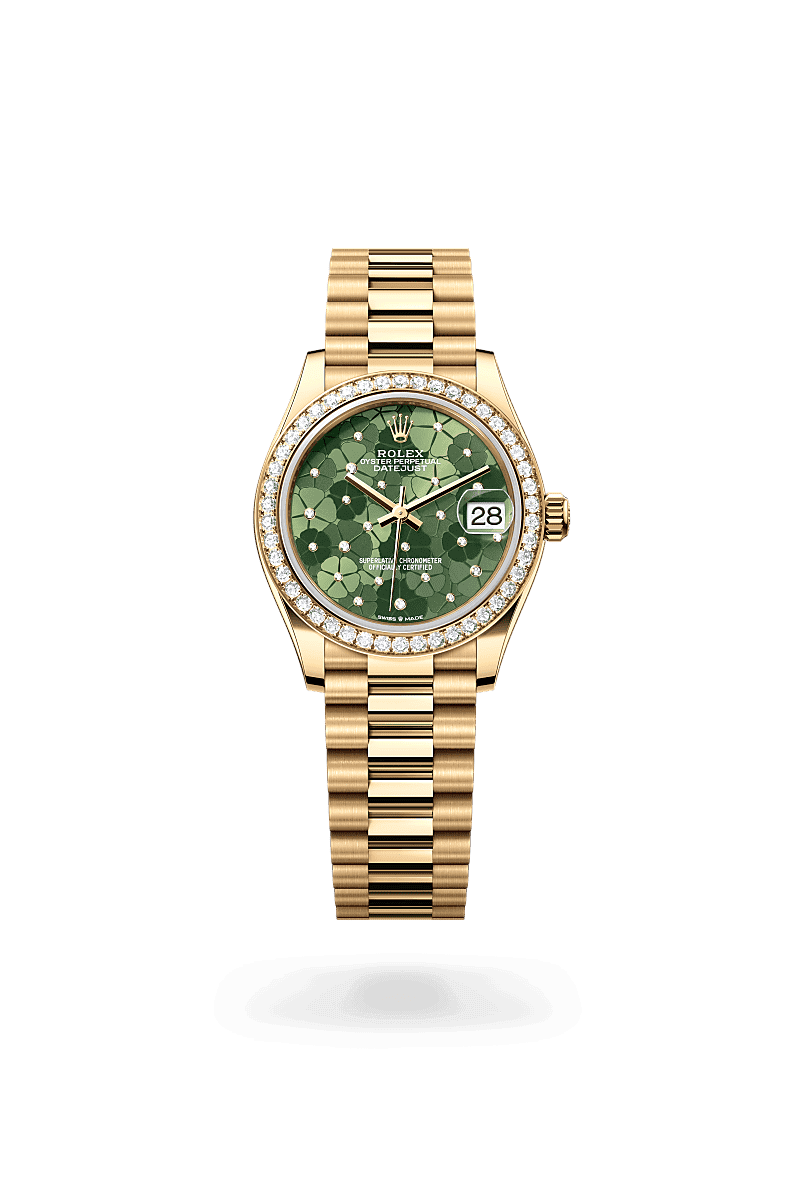Rolex Datejust 31 in Oyster, 31 mm, geelgoud en diamanten with a Olijfgroen, bloemenmotief bezet met diamanten dial, Bezet met diamanten bezel, and President, halfronde driedelige schakels bracelet